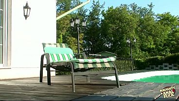 Sun-drenched Poolside Bench Beckons For A Girl’s Eager Touch And A Deep, Wet Ride.
