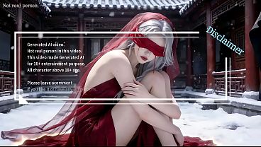Snow-skinned Beauty In Crimson, Silver-haired Allure—ai-crafted Debut Of Ecstasy And Release