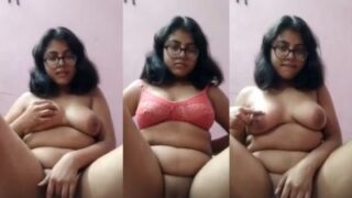 Voluptuous Bespectacled Beauty Caresses Her Ample Curves With Teasing Fingers